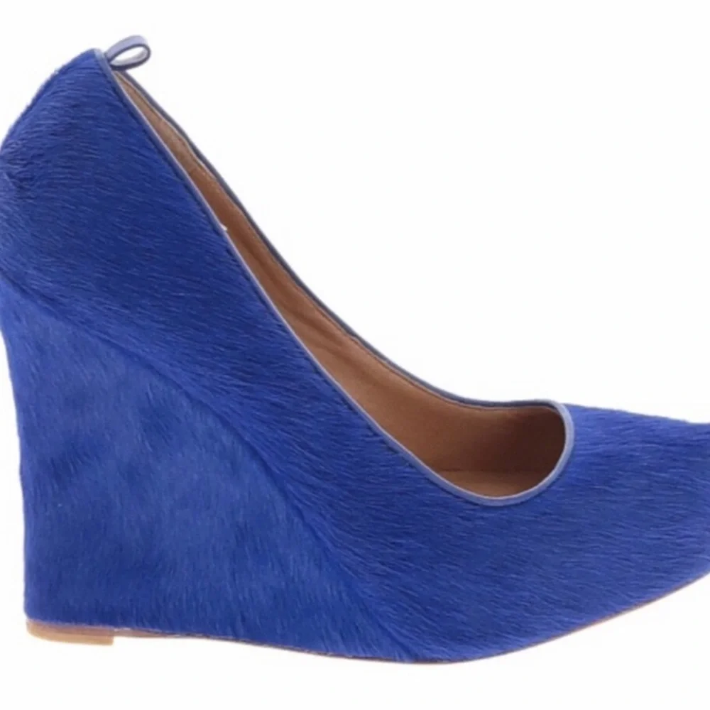 Ann Taylor cobalt blue-platform calf hair wedge heels with ankle buckle strap 7